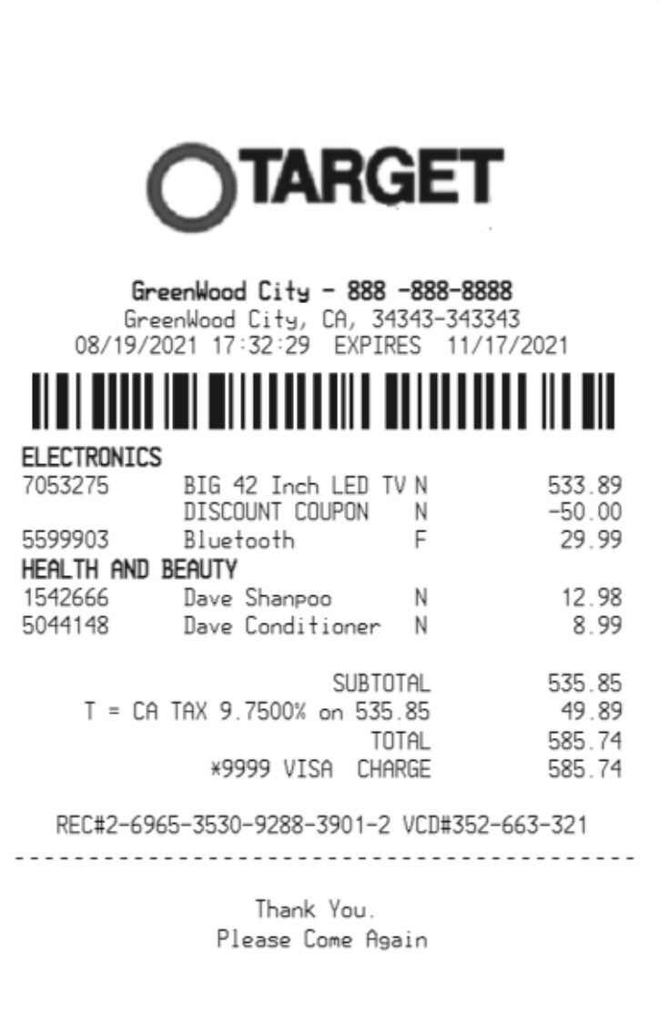 Example Target store receipt