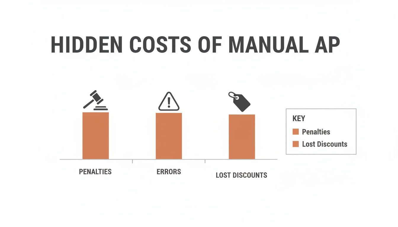 Bar chart illustrating hidden costs of manual accounts payable: penalties, errors, and lost discounts.