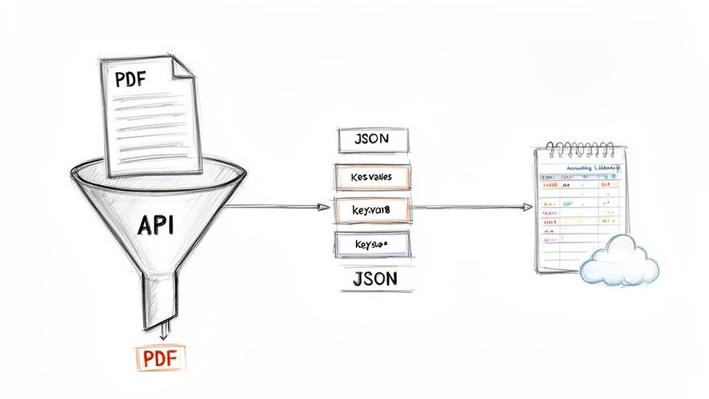 Workflow diagram illustrating PDF document processing by an API into structured JSON for cloud accounting.