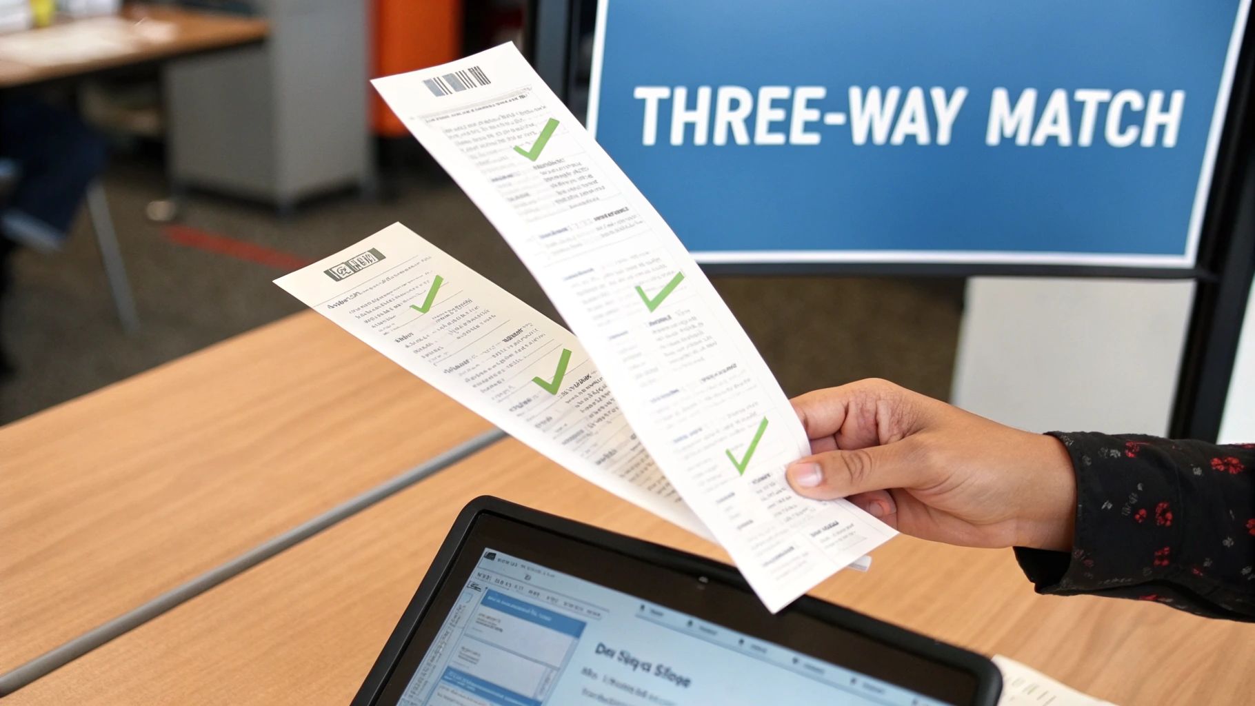 A person's hand holds two long paper slips with green checkmarks above a tablet, with a 'THREE-WAY MATCH' sign in the background.