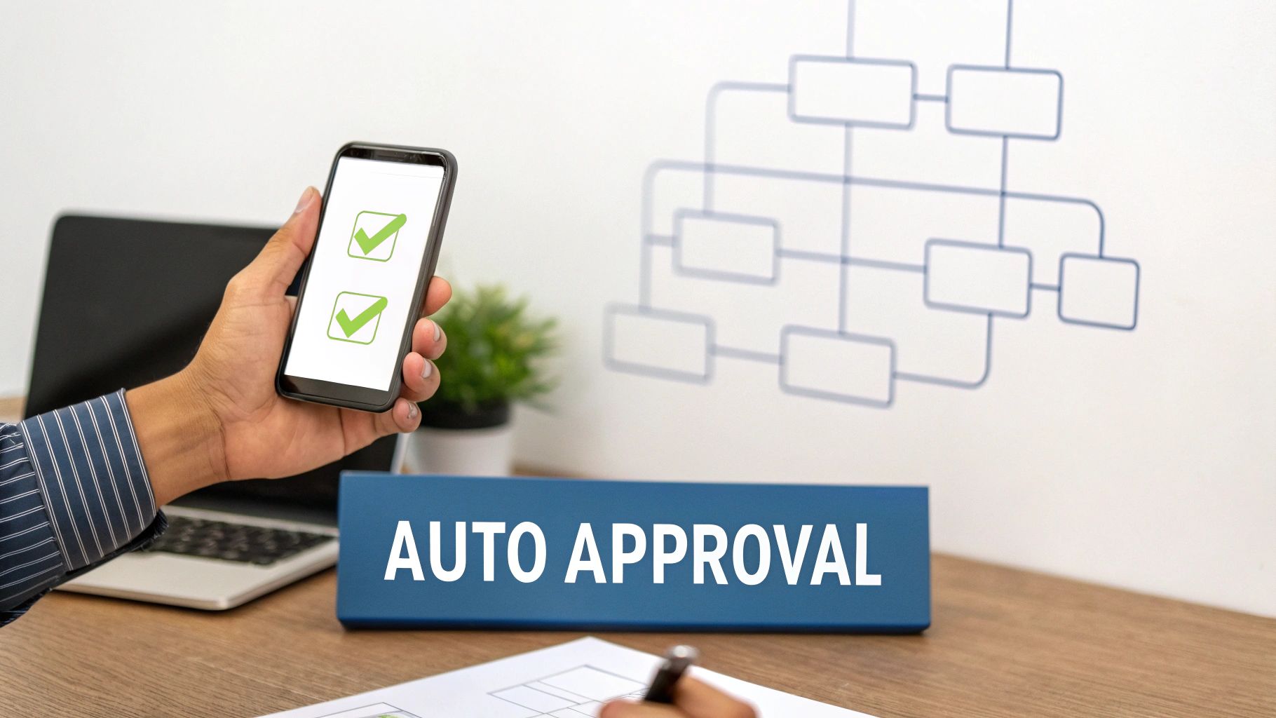 Person holding a smartphone with green checkmarks, next to an 'AUTO APPROVAL' sign on a desk.