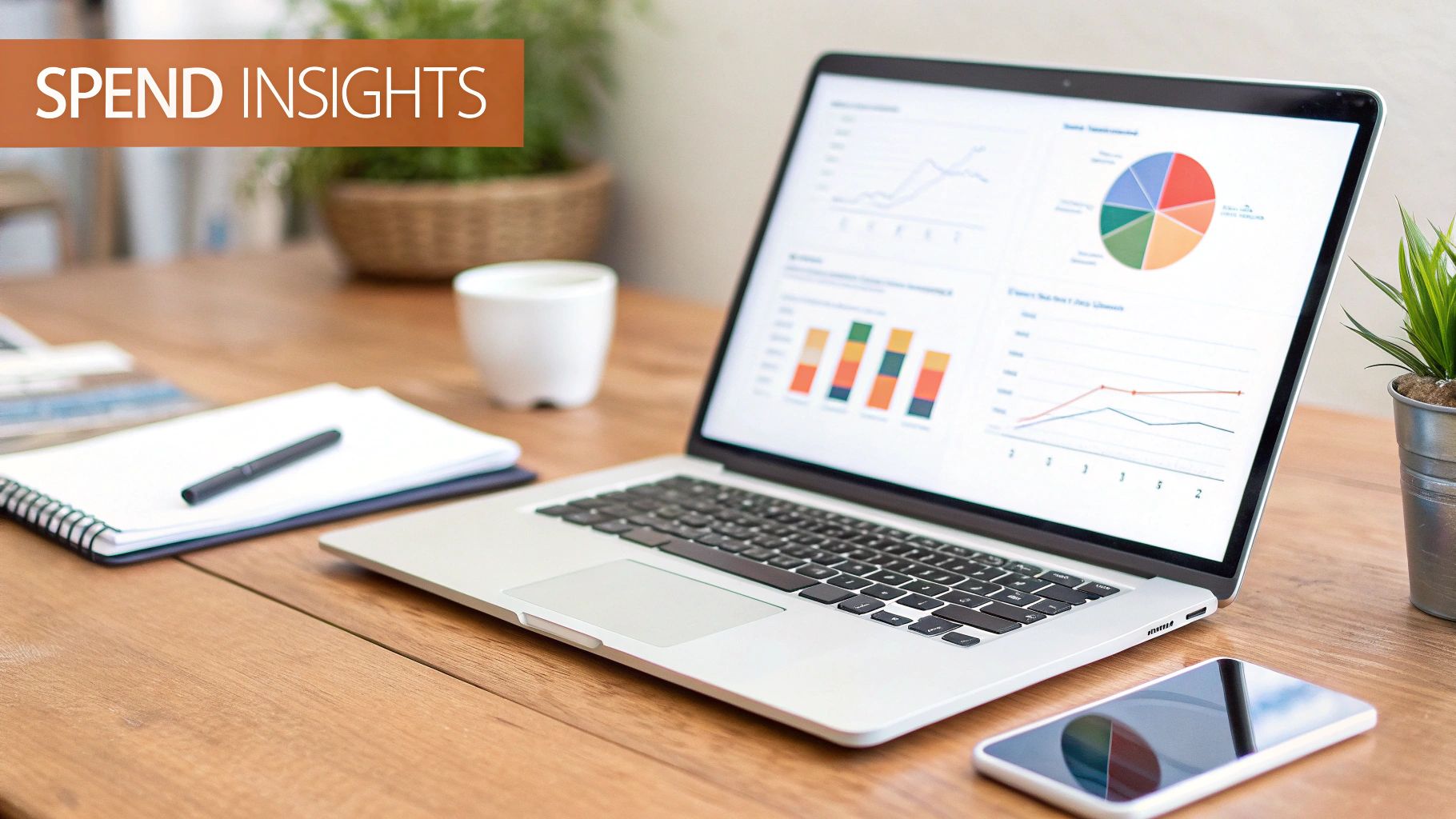 A laptop screen displaying financial charts and graphs for spend insights on a wooden desk.