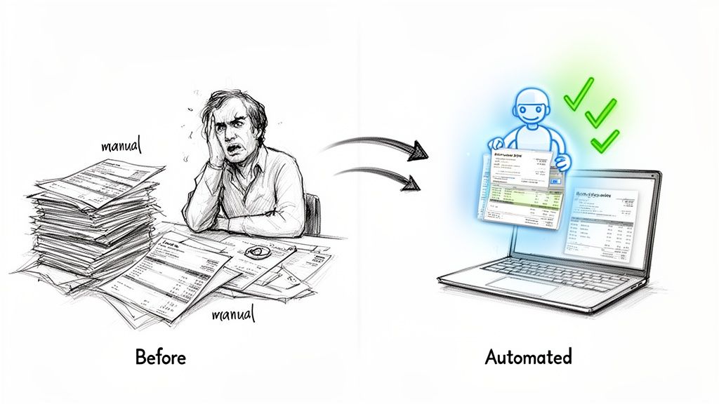 Illustration depicting the transformation from stressful manual paperwork to efficient digital automation.