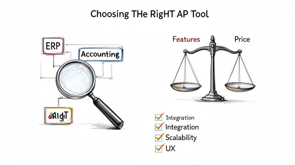 Illustration comparing features, price, integration, scalability, and UX for choosing the right AP tool.