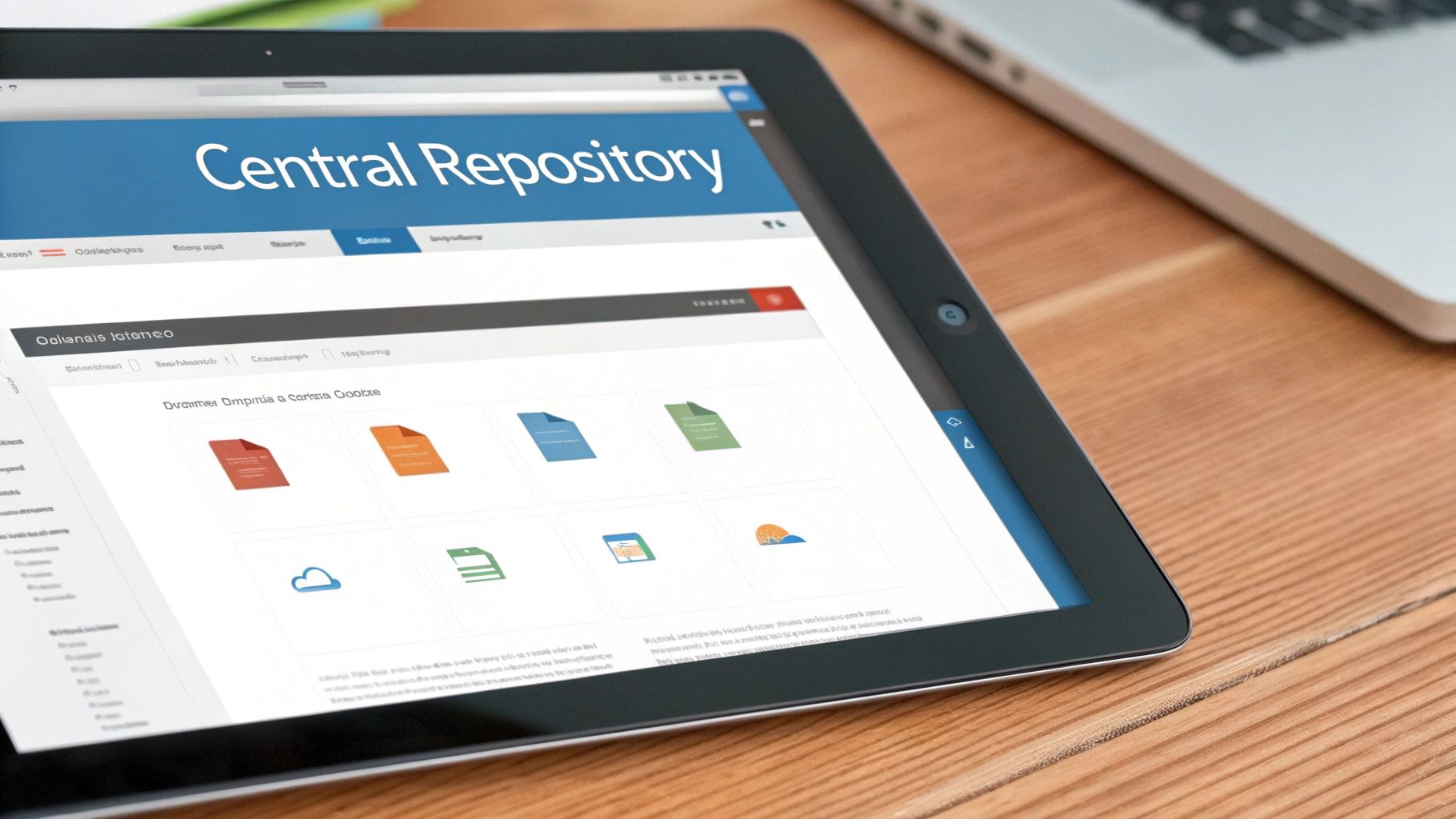 Tablet showing a digital "Central Repository" with file icons, suggesting document management.