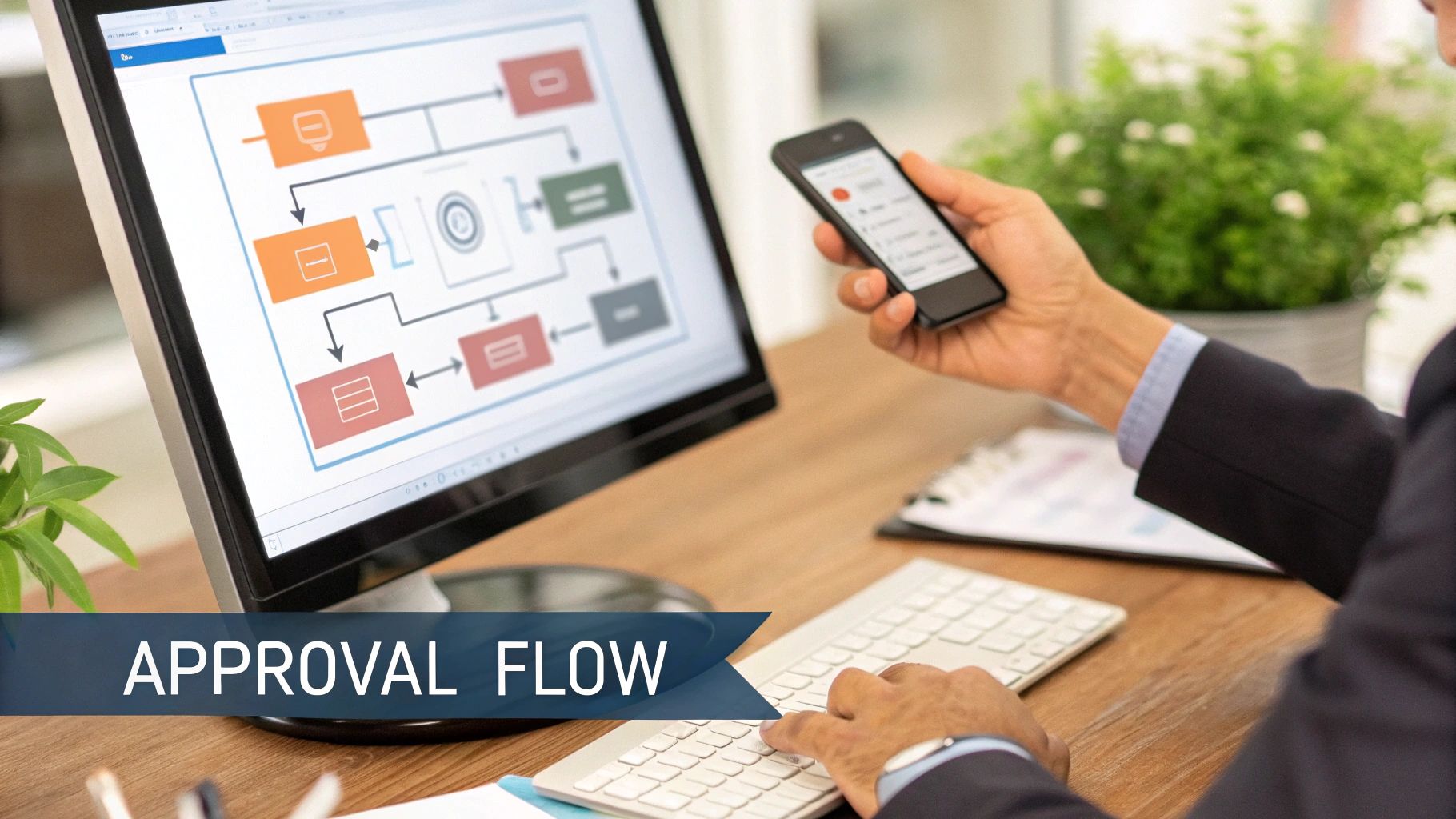 A person reviews an approval flow diagram on a computer screen while holding a smartphone and typing on a keyboard.