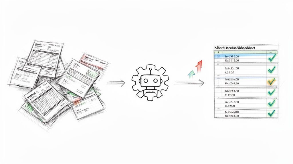 Robot automates processing of physical invoices into an organized, validated digital spreadsheet, improving efficiency.