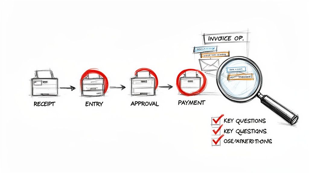 Sketch of an invoice processing workflow (Receipt, Entry, Approval, Payment) with magnifying glass for analysis.