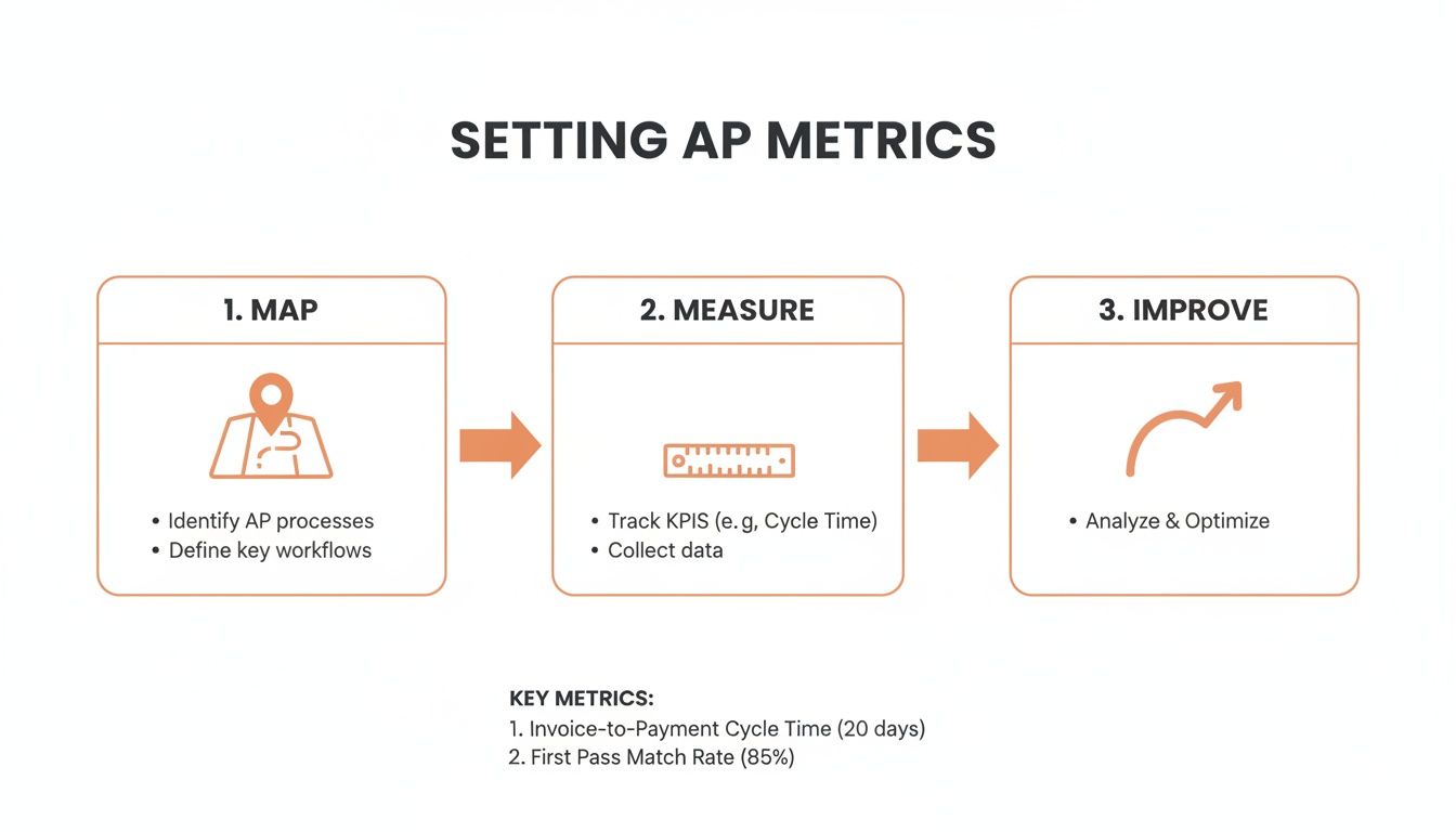 A diagram outlining a 3-step process for setting AP metrics: Map, Measure, Improve, with key metrics.