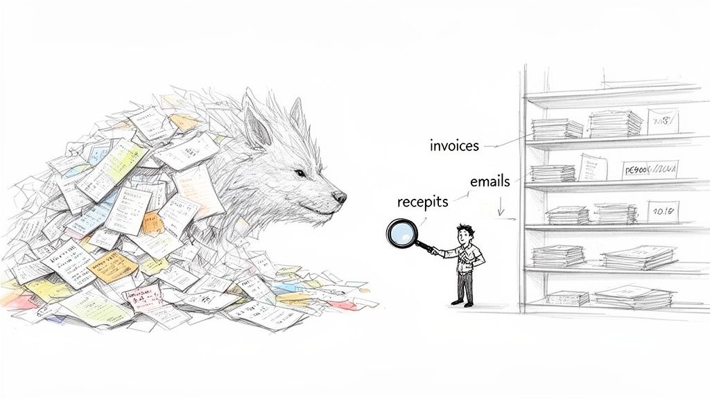Hand-drawn image: a wolf-shaped pile of receipts, invoices, and emails, being organized by a person.