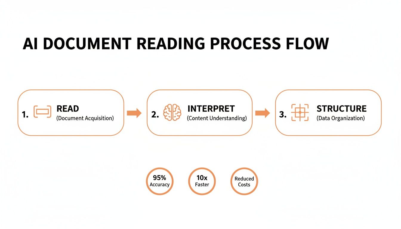 AI document reading process flow with steps: Read, Interpret, Structure, and key benefits.