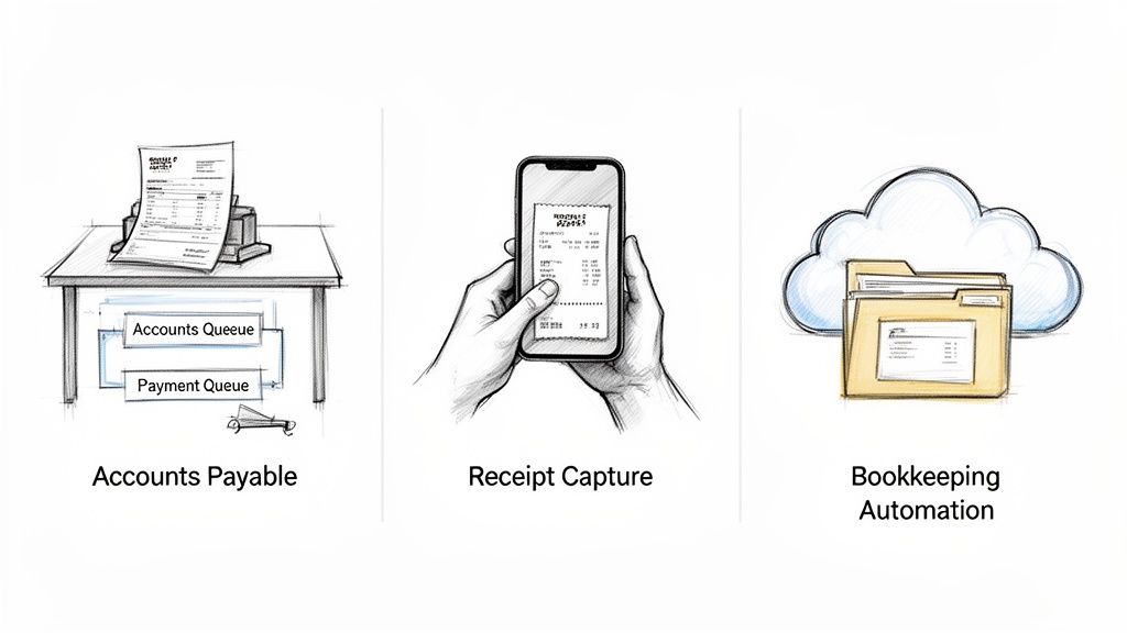 Sketches illustrating accounts payable, receipt capture, and bookkeeping automation processes.