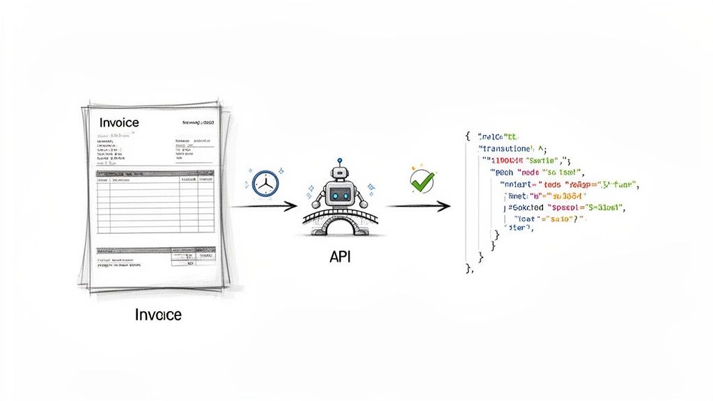 An invoice document is processed by an API to extract its data into a structured JSON format.