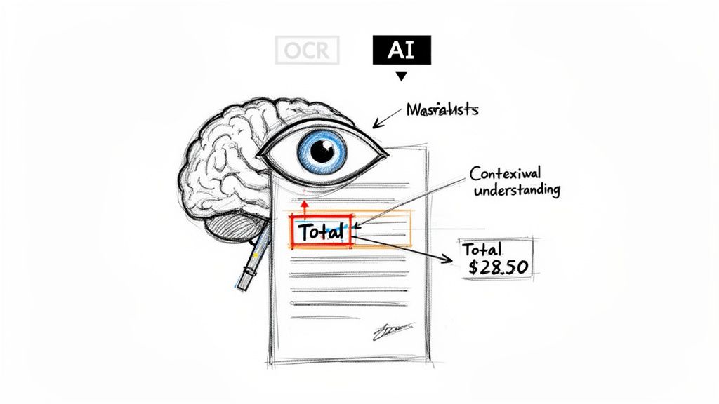 Diagram showing AI's contextual understanding extracting "Total $28.50" from a document, compared to OCR.