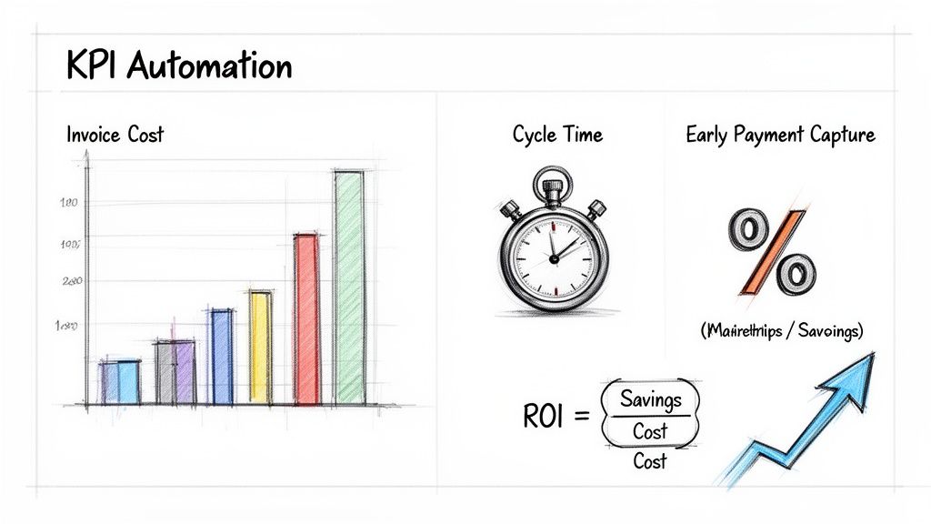 A whiteboard sketch illustrating KPI automation, showing metrics like invoice cost, cycle time, early payment capture, and ROI.