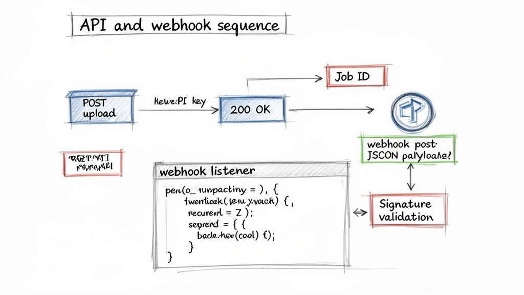 Diagram illustrating an API and webhook sequence, showing post upload, job ID, JSON payload, and signature validation.