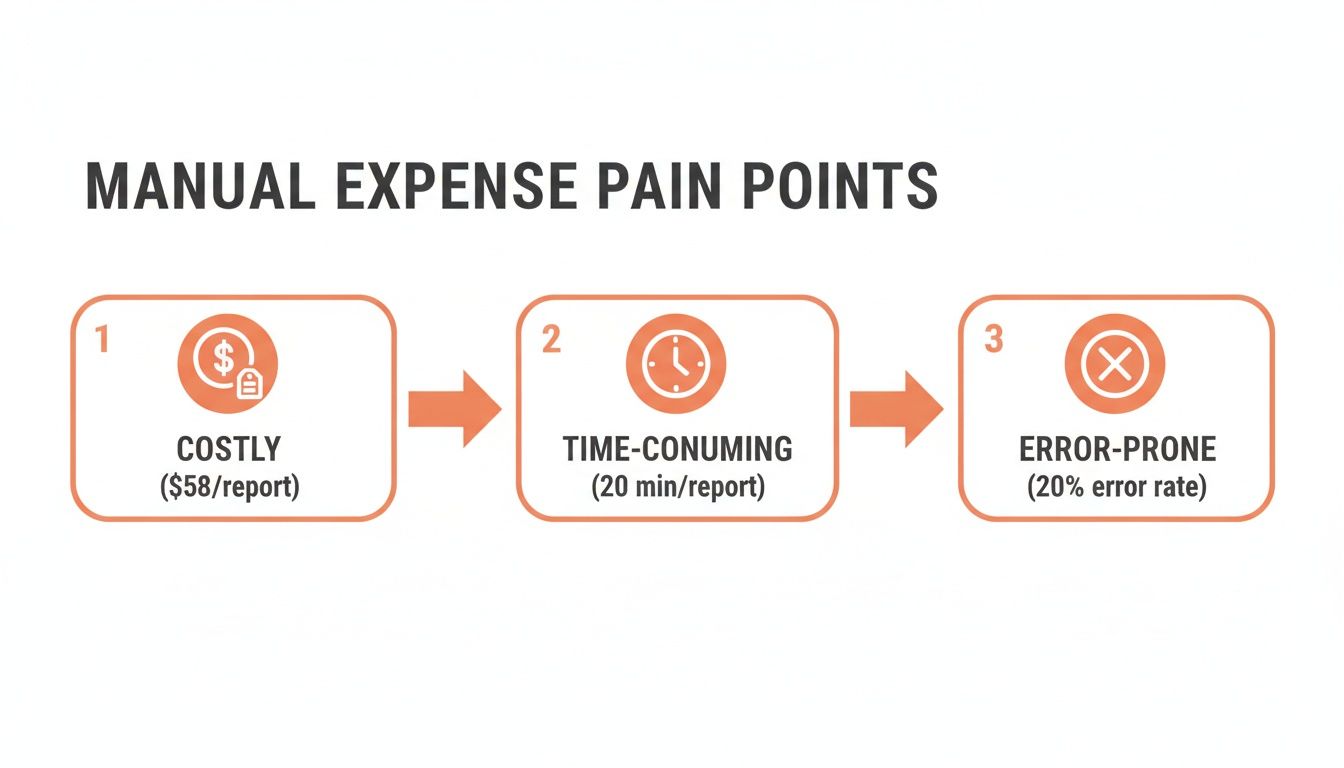 An infographic showing three manual expense report pain points: costly, time-consuming, and error-prone.