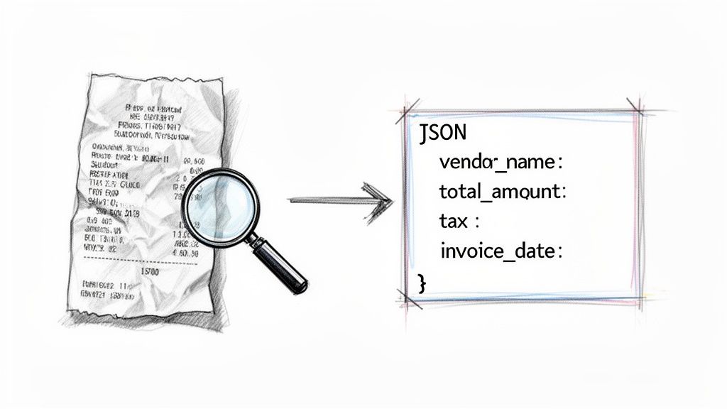 Magnifying glass extracts data from a crumpled receipt, transforming it into a structured JSON output.