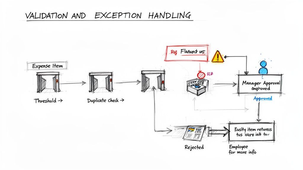 Flowchart illustrating validation and exception handling for an expense item approval workflow.