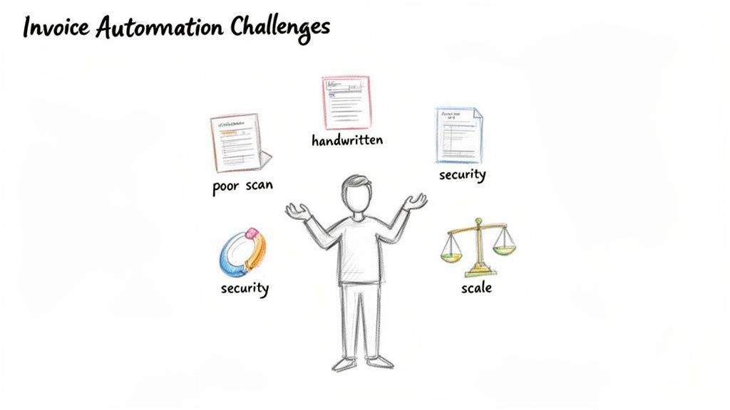 A cartoon person surrounded by challenges like poor scans, handwritten invoices, security concerns, and scaling issues for invoice automation.