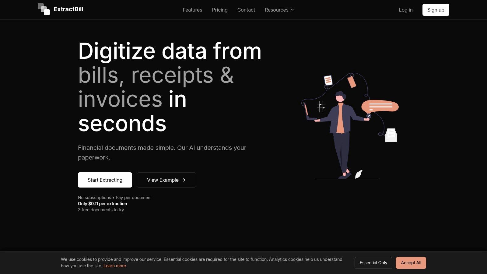 An illustration showing how ExtractBill digitizes and extracts data from various financial documents like invoices and receipts for AP automation.