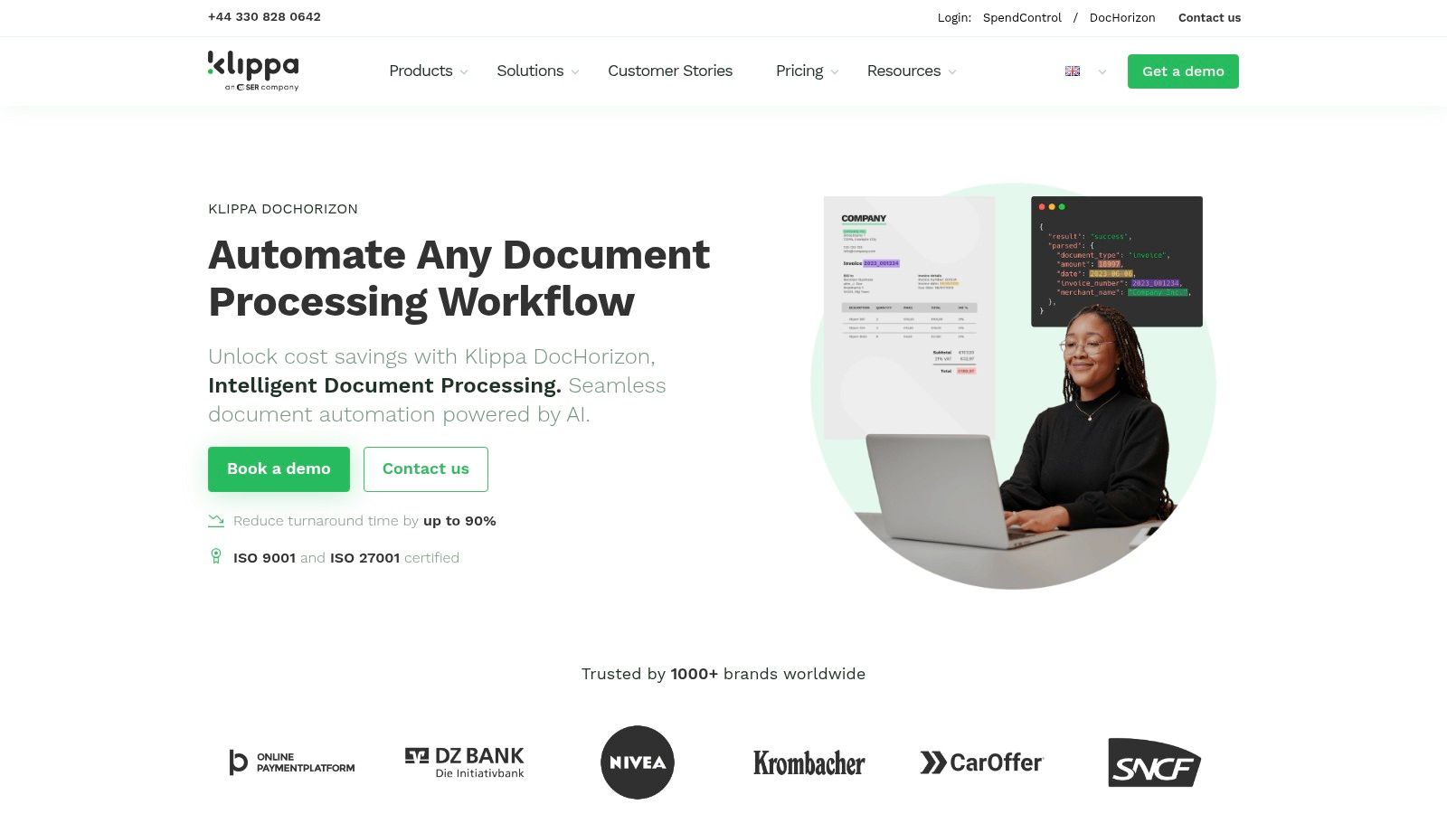Klippa DocHorizon's dashboard showing processed documents and extracted data fields.