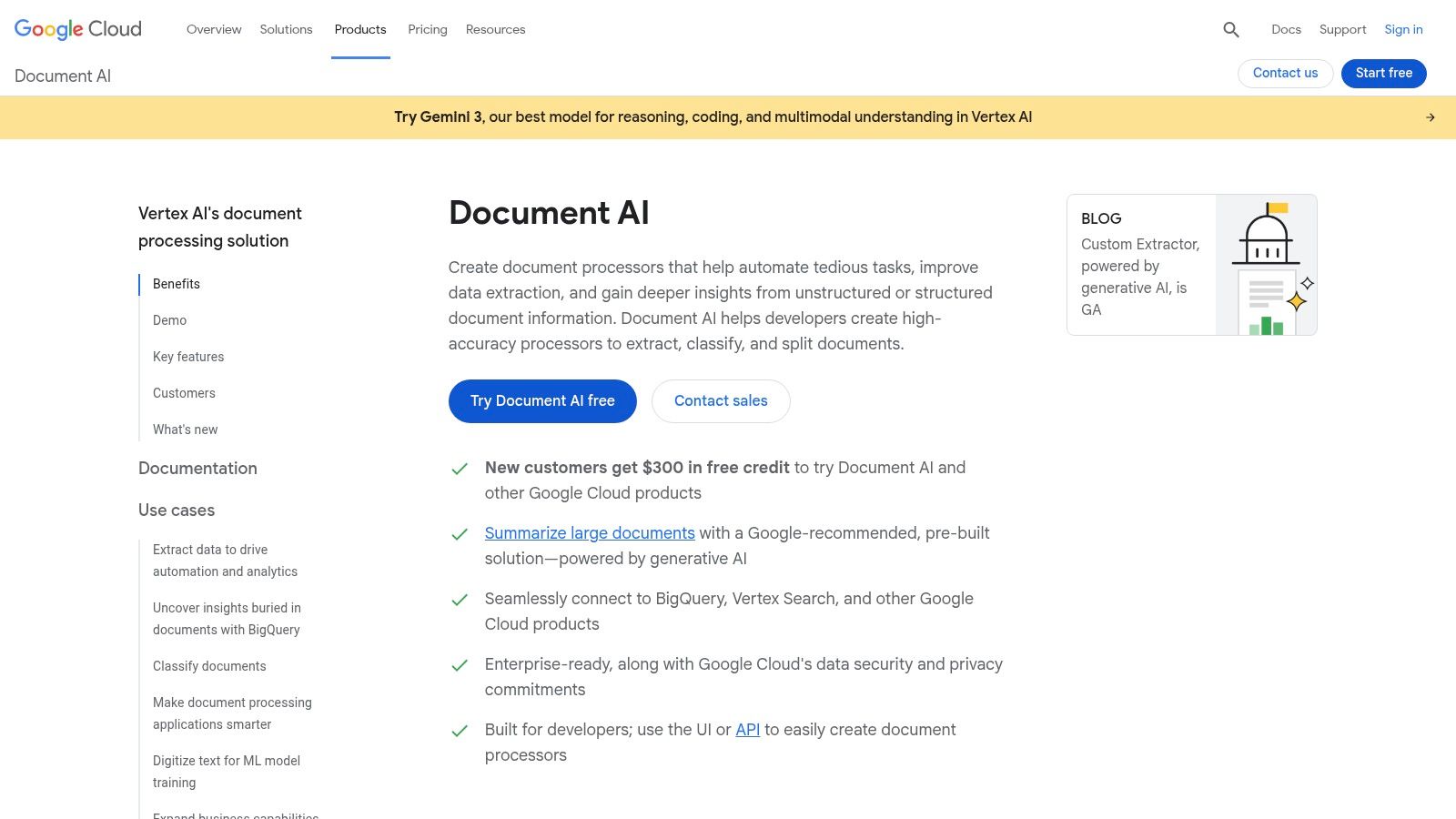 A diagram showing the Google Cloud Document AI workflow, from document upload to data extraction and integration.