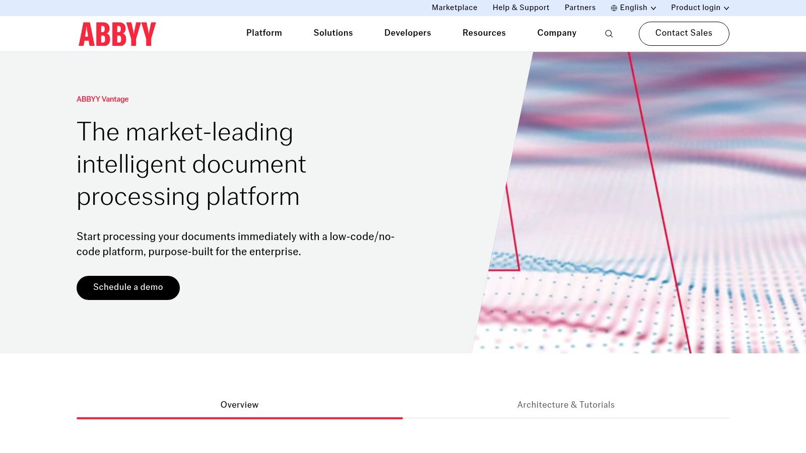 An example of the ABBYY Vantage platform interface, showing document processing skills and workflow management tools for enterprise automation.