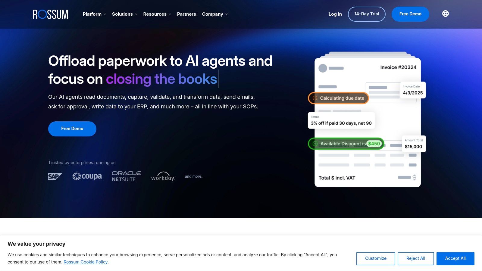 Rossum's user interface showing an invoice being validated, with extracted fields highlighted for review.