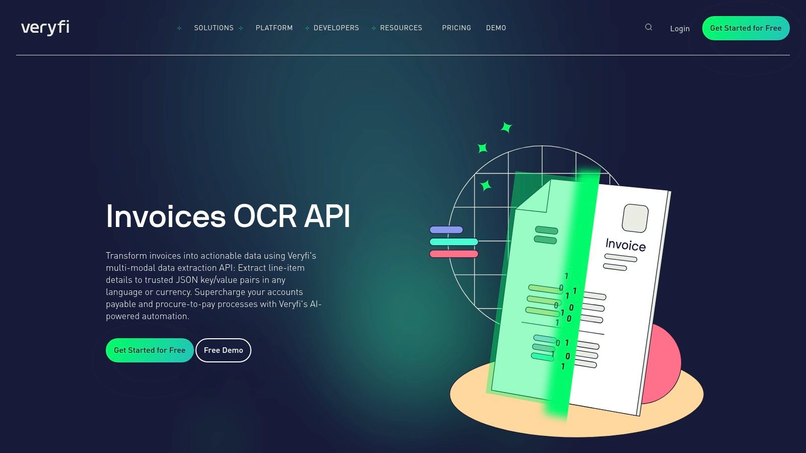 An example of Veryfi's detailed JSON output from an invoice, showing structured key-value pairs and line-item data.