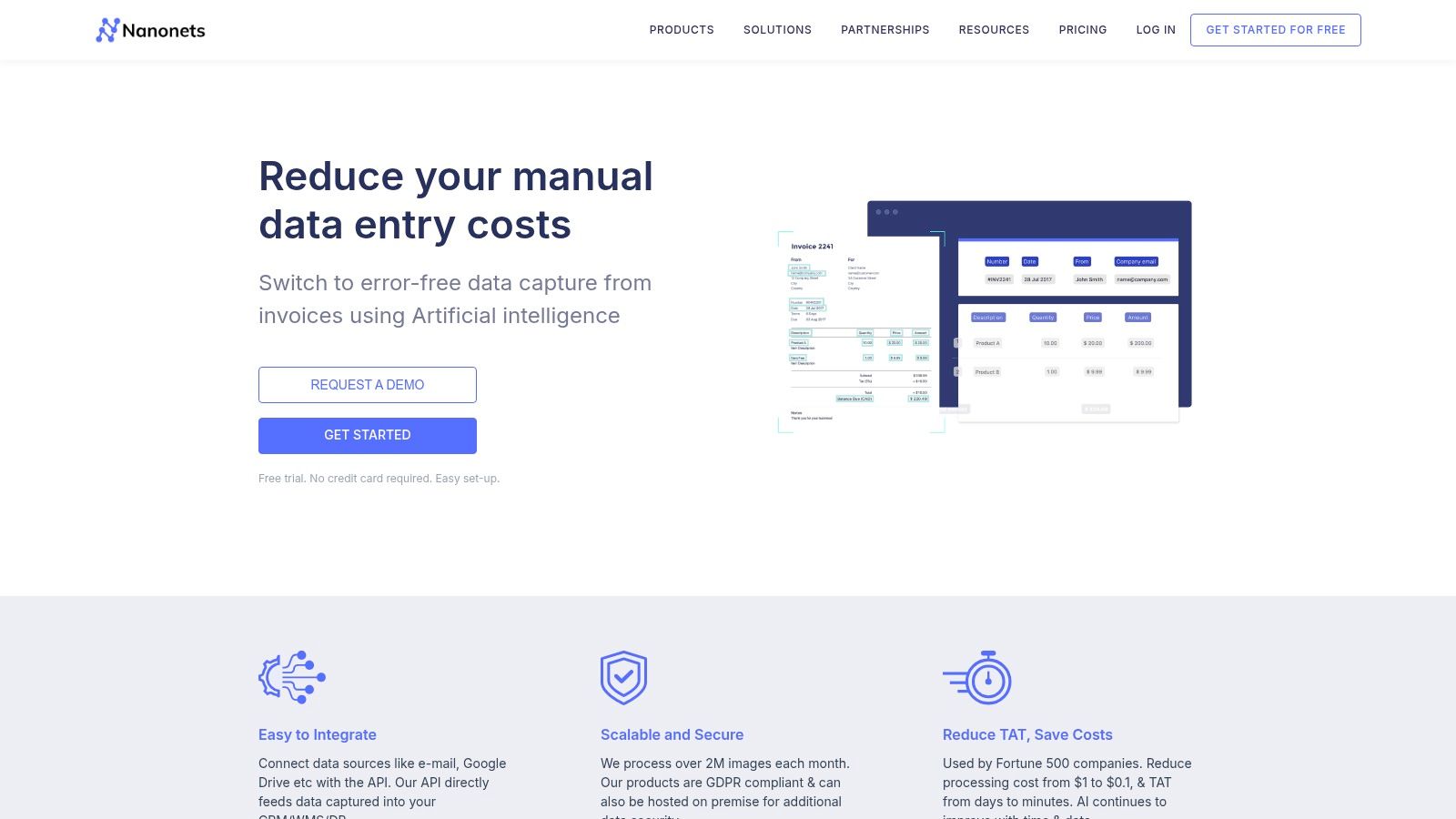 The Nanonets workflow builder, showing a visual interface for connecting data extraction steps with business rules and integrations.