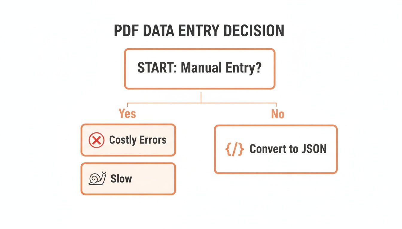 A flowchart illustrating the decision for PDF data entry, comparing manual entry (costly, slow) with converting to JSON.