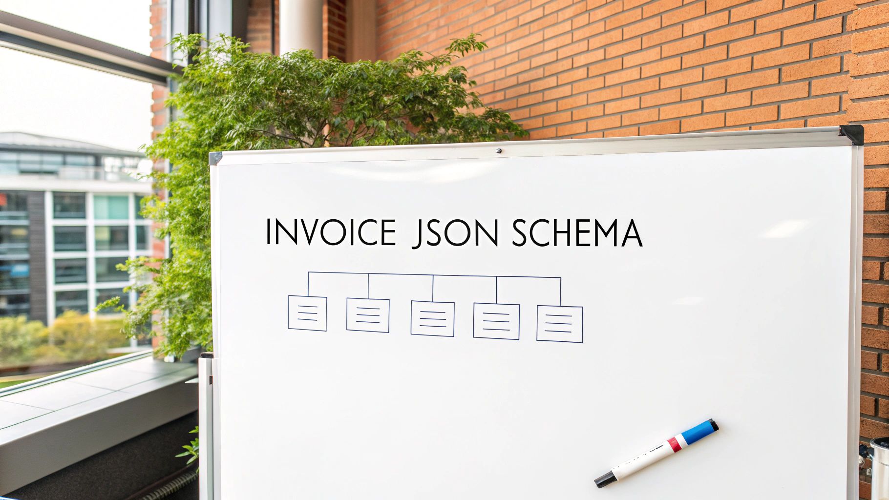A whiteboard displays 'INVOICE JSON SCHEMA' with a block diagram, and a marker.
