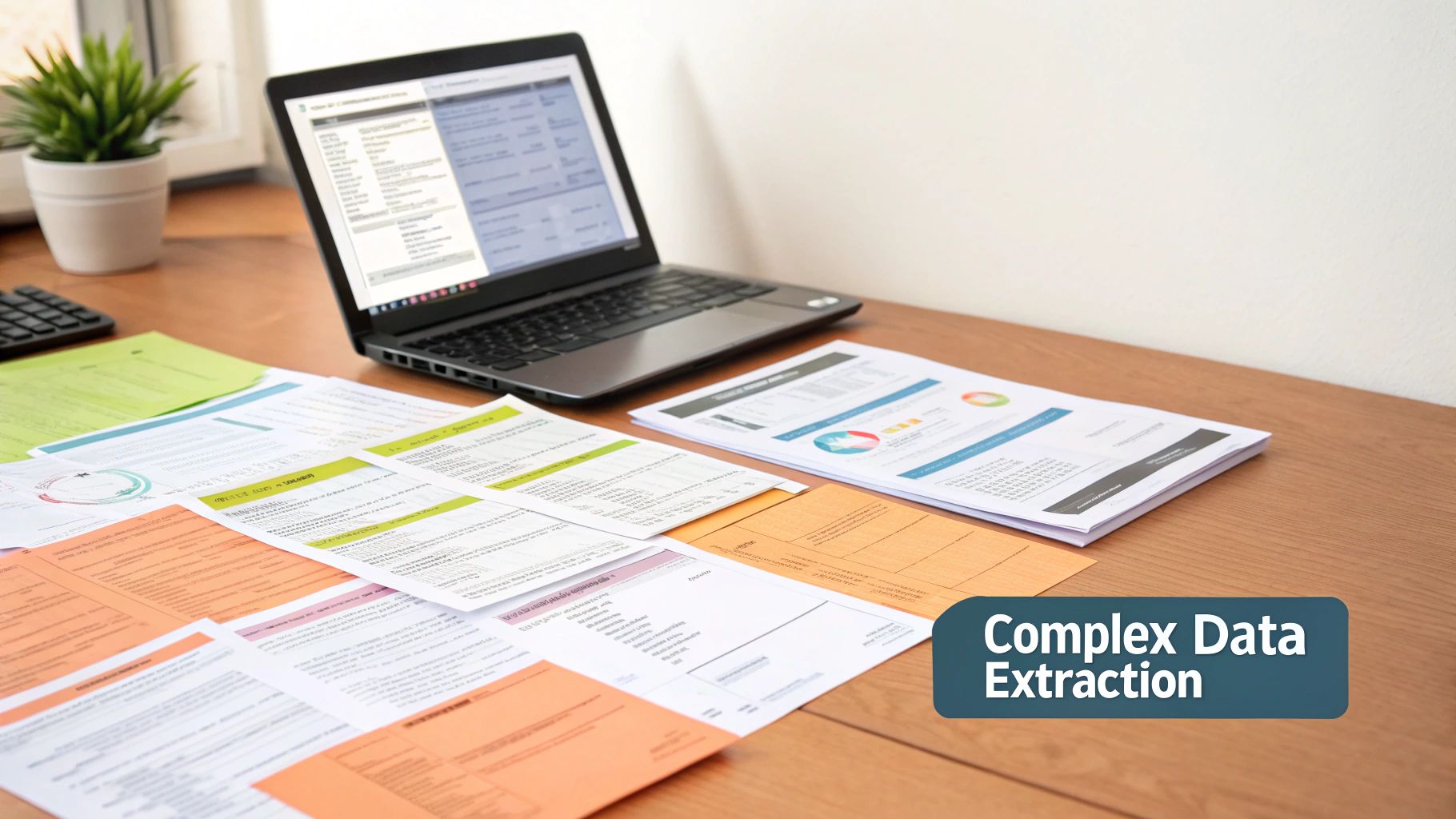 A laptop and numerous documents spread on a wooden desk, with 'Complex Data Extraction' text overlay.