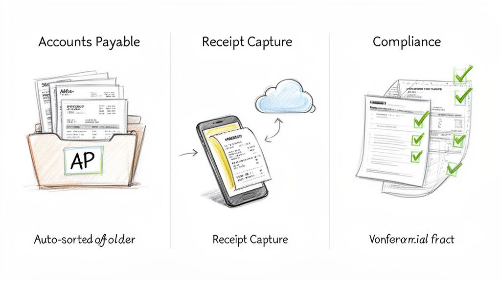 Illustrates automated data extraction for accounts payable, receipt capture, and compliance management with cloud integration.