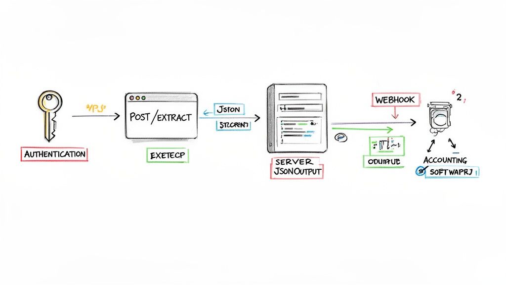 Flowchart illustrating authentication, data extraction, JSON server output, webhooks, and accounting integration.