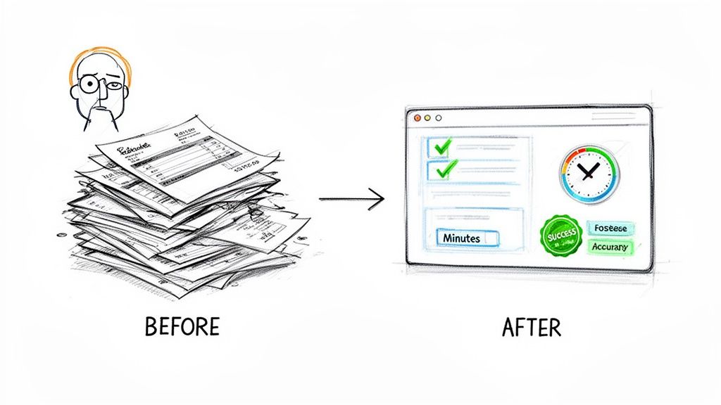 A visual depicting the transformation from a large stack of paper documents to an efficient digital software interface, showing 'BEFORE' and 'AFTER'.