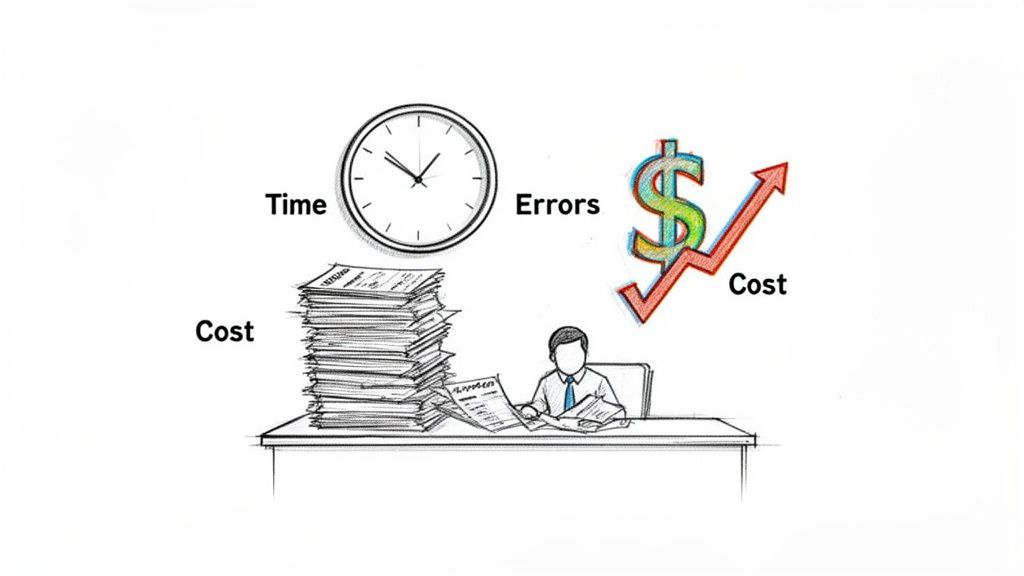Sketch of person with large paper stacks, a clock, and symbols for errors and rising costs.