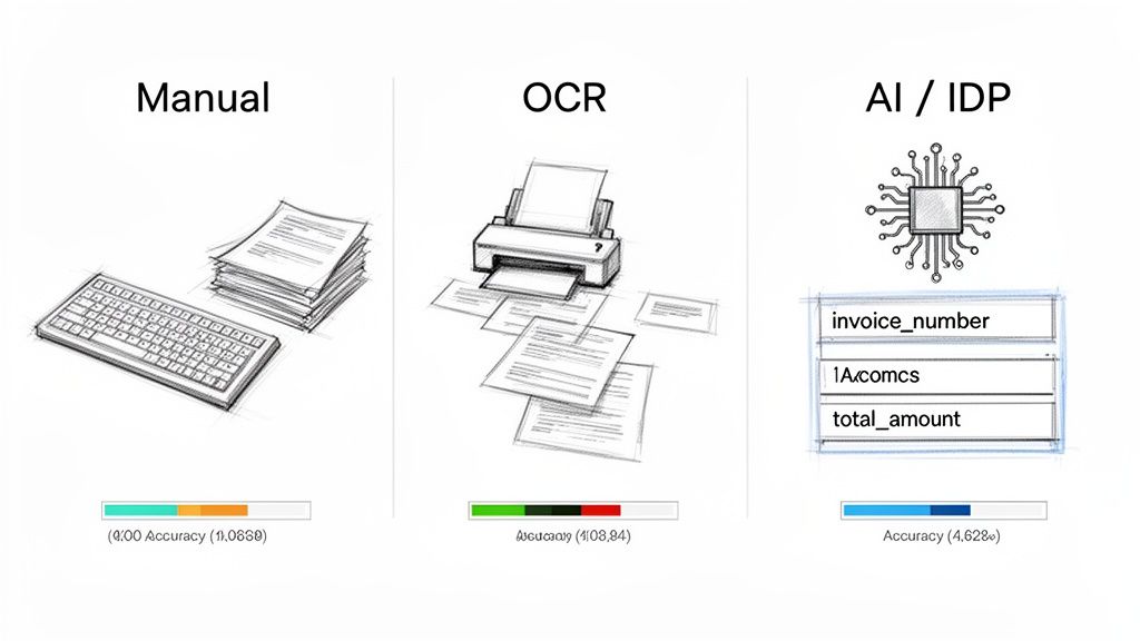 Comparison of manual, OCR, and AI/IDP methods for data extraction, highlighting their varying accuracy levels.