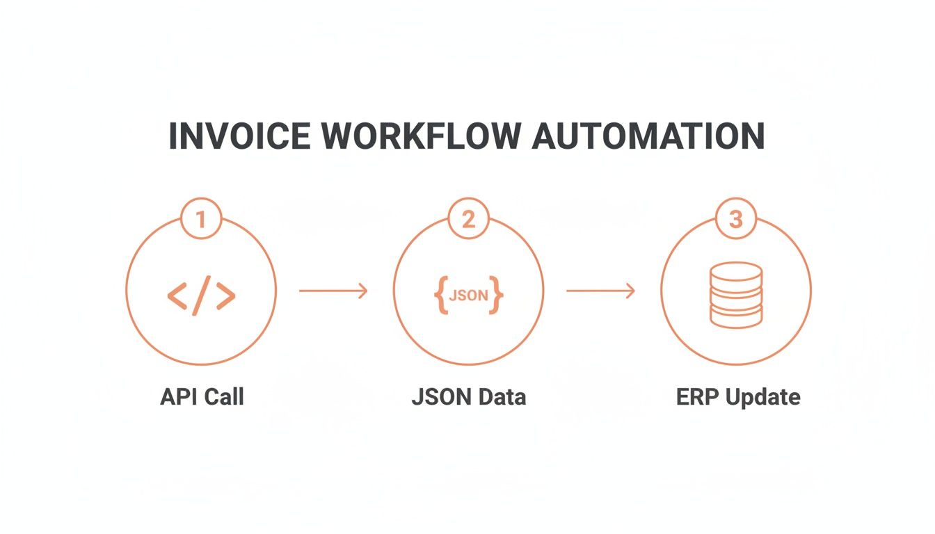 Invoice workflow automation diagram illustrating steps: API call, JSON data processing, and ERP update.