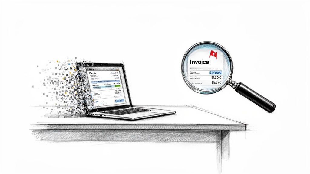 A laptop digitizing an invoice with scattering pixels, alongside a magnifying glass inspecting a detailed invoice document.