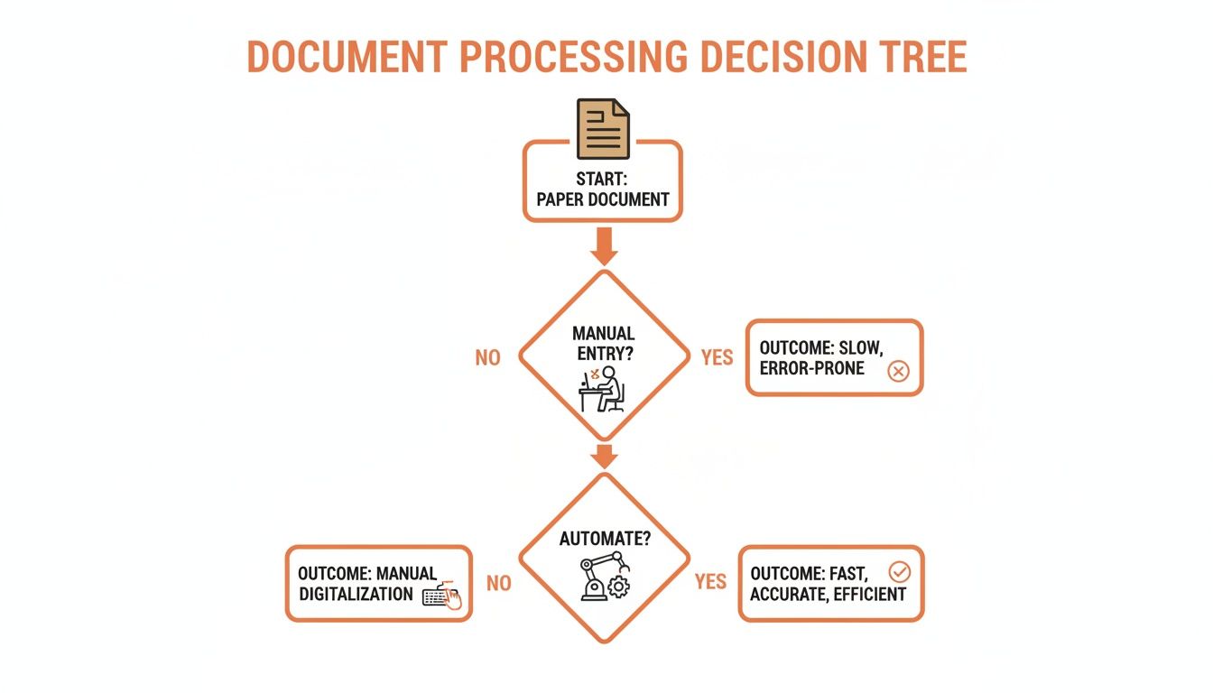 A flowchart illustrating a document processing decision tree, comparing manual entry, manual digitalization, and automated processing for efficiency.