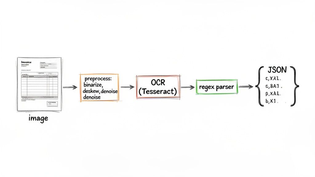 Flowchart illustrating the conversion of an invoice image to JSON data via preprocessing, OCR, and regex parsing.
