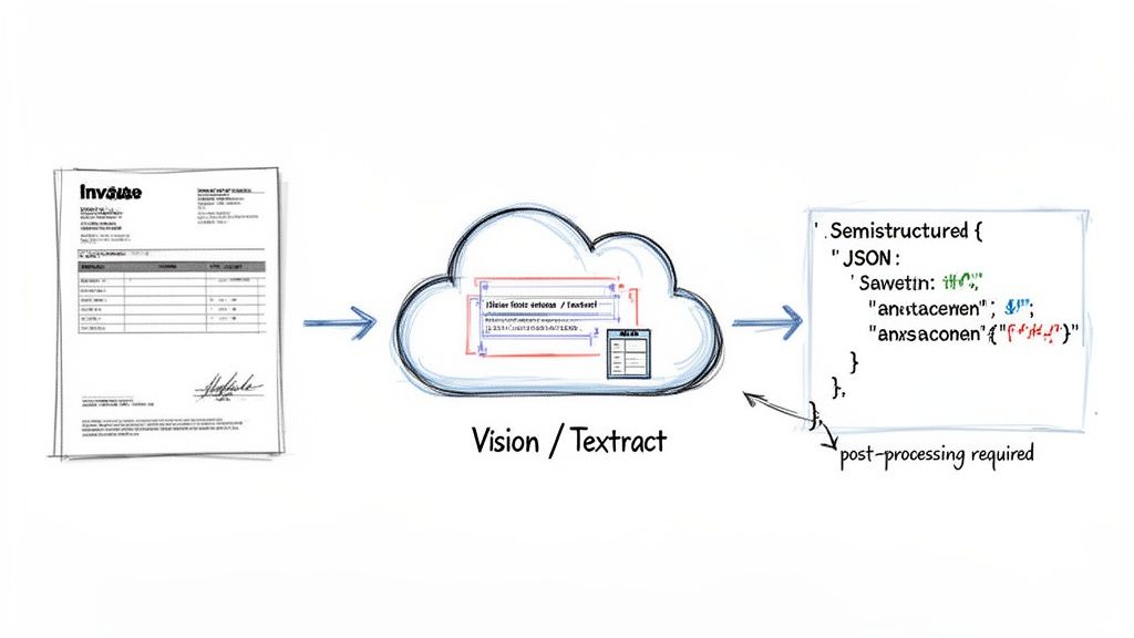 An invoice is processed through Vision/Textract into semistructured JSON, highlighting the need for post-processing.