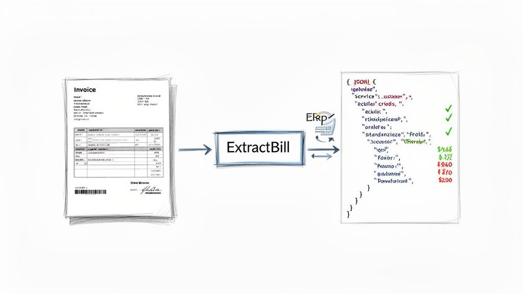 An invoice document is processed by ExtractBill, converting its data into a structured JSON for an ERP system.