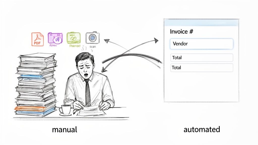 A man manually processes a large stack of paper invoices, contrasting with an automated digital data entry form.