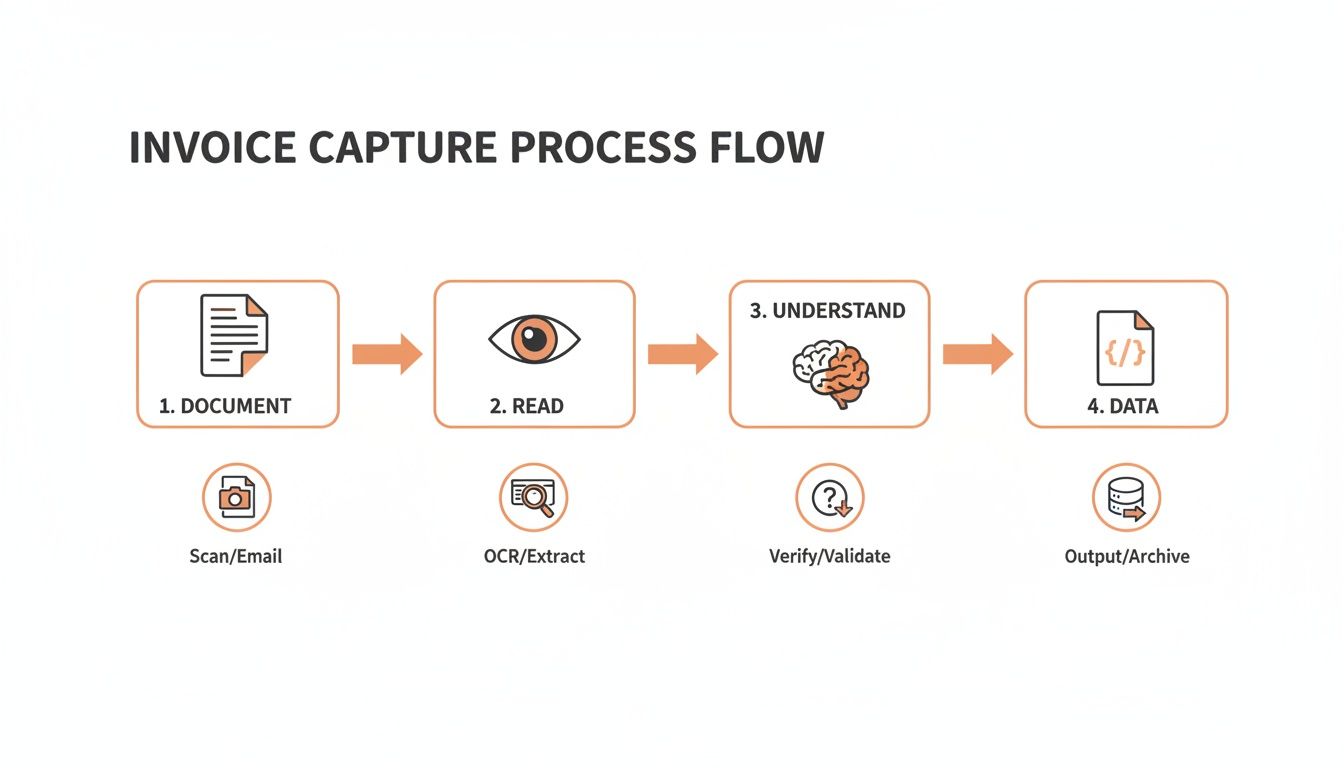An invoice capture process flow diagram showing steps: document, read, understand, and data.