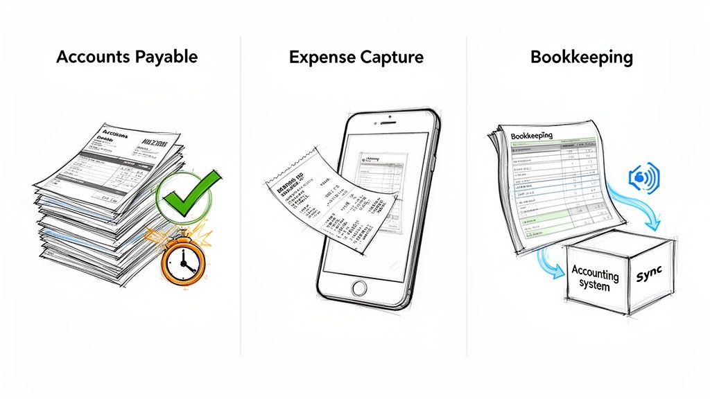 Illustration of efficient accounts payable, mobile expense capture, and synchronized bookkeeping processes.