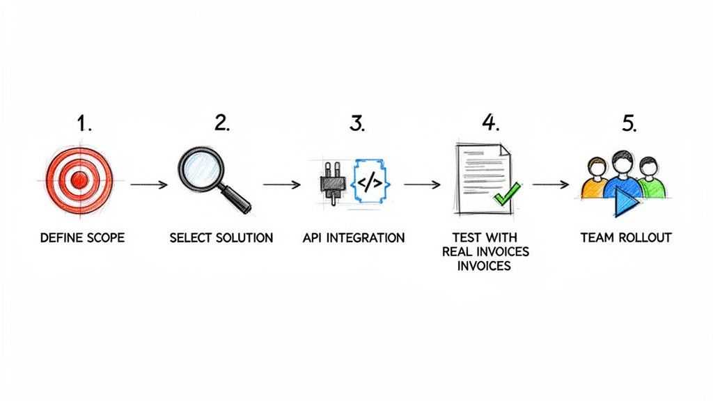 A five-step process diagram illustrating define scope, select solution, API integration, testing, and team rollout.