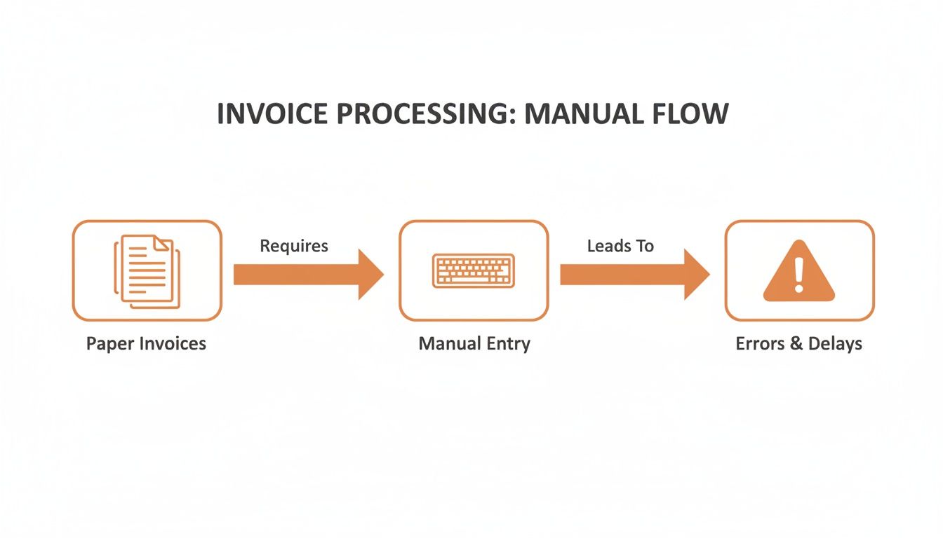 Flowchart illustrating manual invoice processing: paper invoices require manual entry, which leads to errors and delays.
